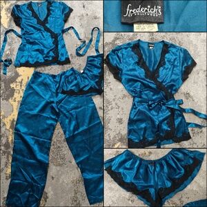 Y2K vintage Frederick's of Hollywood Teal W/ Black Lace Satin Pajama 3pc Set